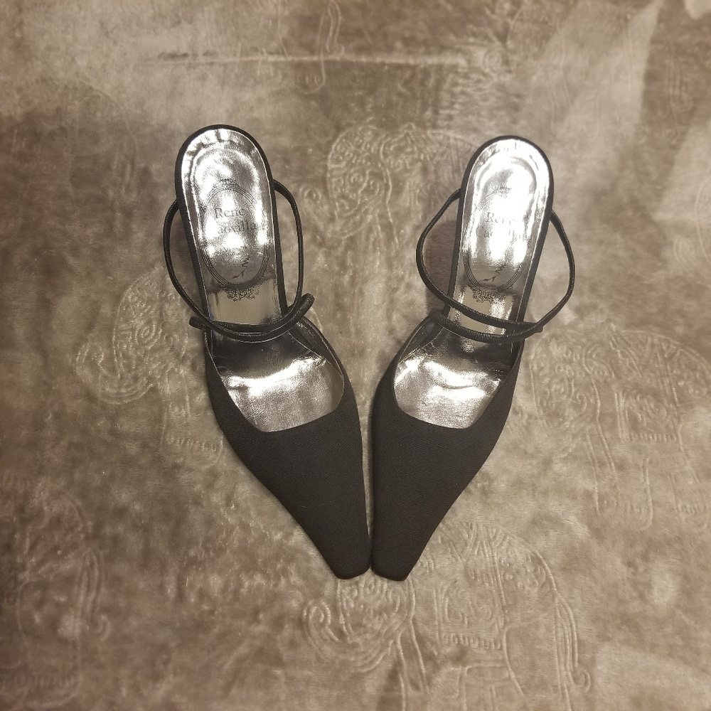 RENE CAOVILLA Black Satin Closed Toe Heels SZ 7.5